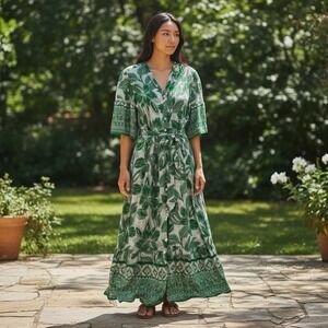 Anthropologie FIG + FLOWER Green Tropical Leaf Print XL Maxi Dress Boho Resort